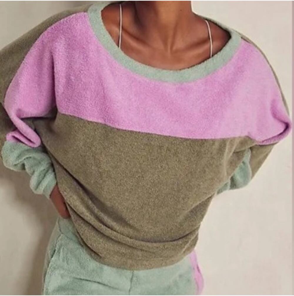 Free People Sweatshirt Womens Medium Green Blue Monday Fleece Sherpa Valley Girl
